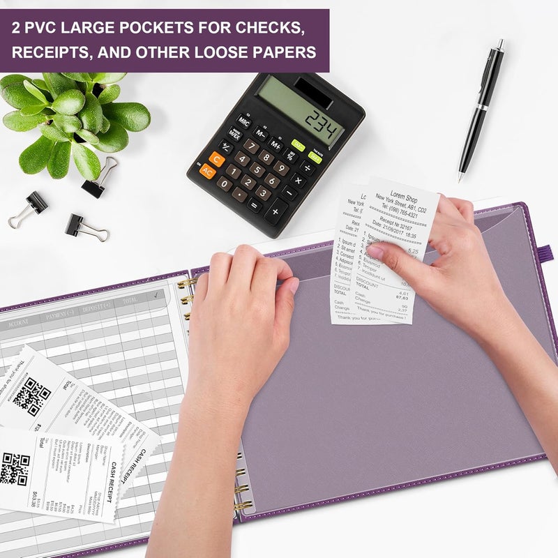 Hautoco Hardcover Accounting Ledger Book for Small Business Bookkeeping Horizontal Money Expense Tracker Notebook with 2 Storage Pouch, Personal Columnar Log Journal 10.78 x 8'', Deep Purple - Image 5